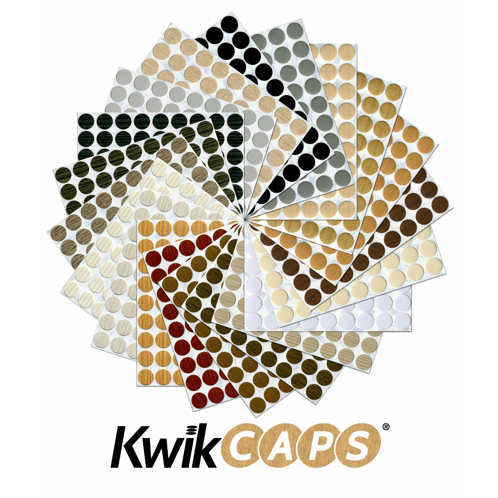 KwikCaps Self-adhesive Screw Covers in 2 Sizes and many finishes.