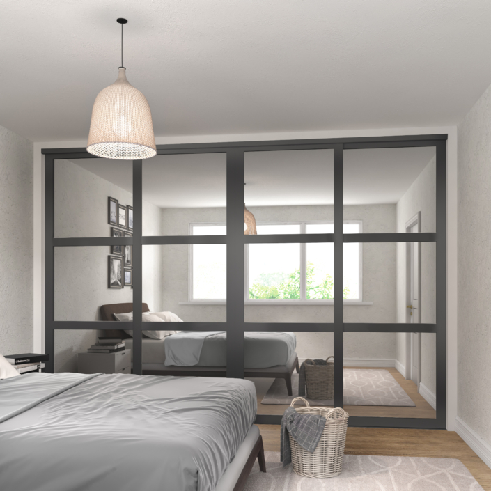 Shaker 3 panel sliding wardrobe doors with graphite frame and mirror