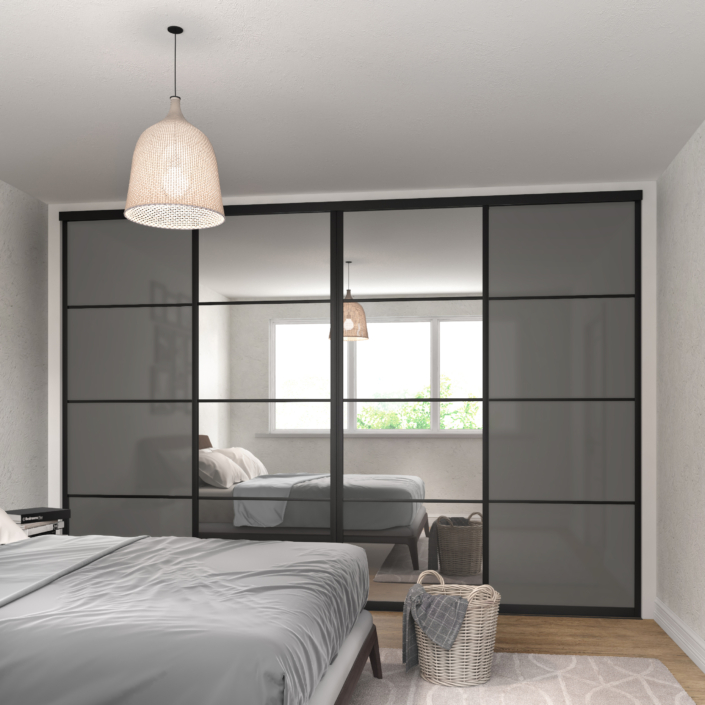 Curve Brushed Black Frame Sliding Wardrobe Doors With Mirror and Grey Metal Glass