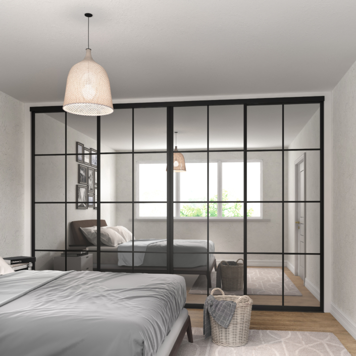 Curve Brushed Black Frame GRID8 Design Sliding Wardrobe Doors with Mirror