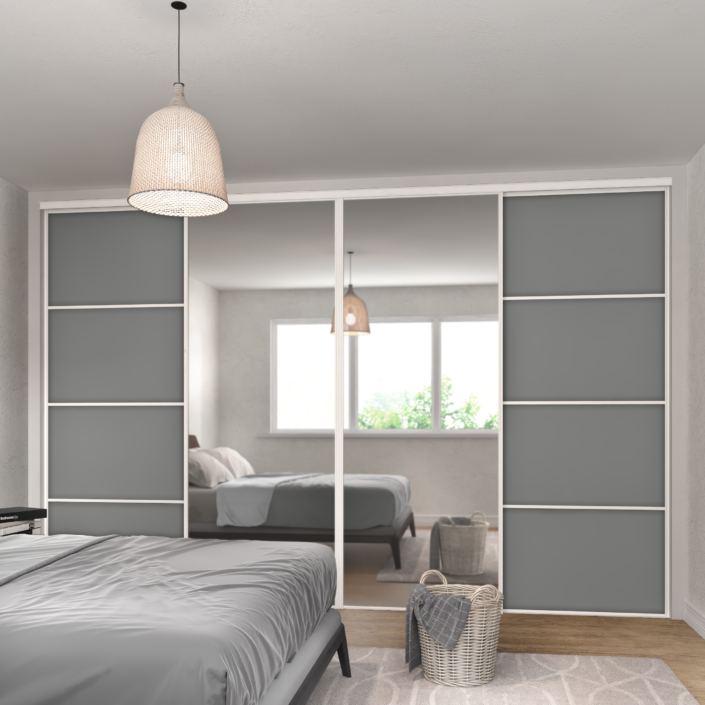 Heritage White Frame Sliding Wardrobe Doors with Mirror and Dust Grey Wood Panels