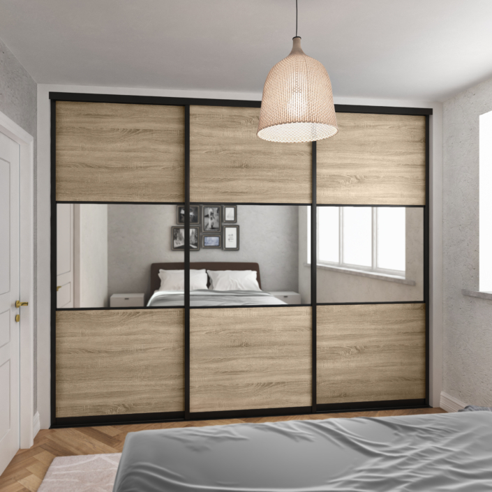 Curve Brushed Black Frame 3 Panel Sliding Doors with Mirror & Bardolino Oak