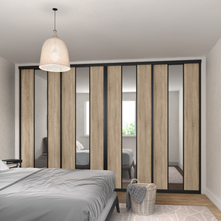 Curve Brushed Black Frame Verti Style Sliding Doors with Mirror & Bardolino Oak